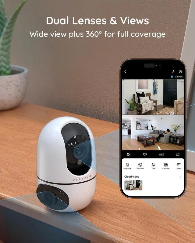 Alt view image 2 of 7 - virtavo XD1 Indoor Security WiFi Camera, Wireless, Dual-Lens 360° PTZ Baby Monitor & Pet Cam, Motion Tracking, 2-Way Audio, Night Vision, Cloud/SD Storage, Phone App, Plug-in Power