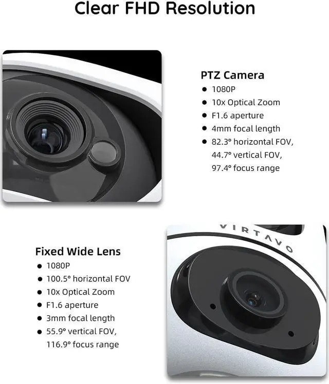 Alt view image 3 of 7 - virtavo XD1 Indoor Security WiFi Camera, Wireless, Dual-Lens 360° PTZ Baby Monitor & Pet Cam, Motion Tracking, 2-Way Audio, Night Vision, Cloud/SD Storage, Phone App, Plug-in Power