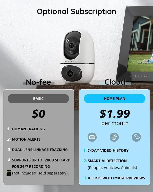 Alt view image 7 of 7 - virtavo XD1 Indoor Security WiFi Camera, Wireless, Dual-Lens 360° PTZ Baby Monitor & Pet Cam, Motion Tracking, 2-Way Audio, Night Vision, Cloud/SD Storage, Phone App, Plug-in Power