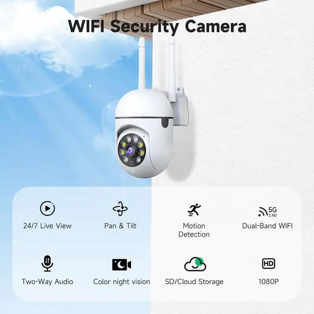 Alt view image 2 of 7 - 1080P Security Camera Wired, 2.4G/5G WiFi Home Surveillance Cam with 360° Pan/Tilt, Color Night Vision, Motion Detection, 2-Way Audio, SD/Cloud Storage, Compatible with Alexa