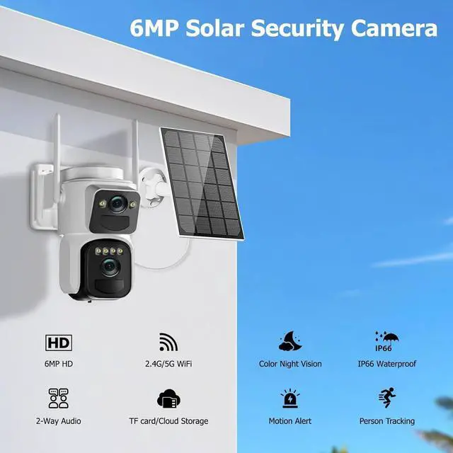 Alt view image 2 of 7 - Kurain 6MP Solar Security Cameras Wireless Outdoor, 2.4G/5G WiFi 6, Panoramic & Tracking Dual Lens 2-in-1 Home Security Camera with Color Night Vision/PIR Alarm/Human Tracking/2-Way Audio/360°PTZ