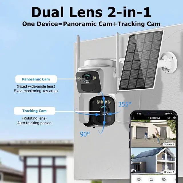 Alt view image 3 of 7 - Kurain 6MP Solar Security Cameras Wireless Outdoor, 2.4G/5G WiFi 6, Panoramic & Tracking Dual Lens 2-in-1 Home Security Camera with Color Night Vision/PIR Alarm/Human Tracking/2-Way Audio/360°PTZ