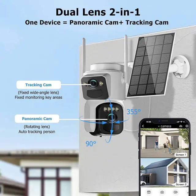 Alt view image 4 of 7 - Kurain 6MP Solar Security Cameras Wireless Outdoor, 2.4G/5G WiFi 6, Panoramic & Tracking Dual Lens 2-in-1 Home Security Camera with Color Night Vision/PIR Alarm/Human Tracking/2-Way Audio/360°PTZ