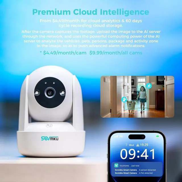 Alt view image 4 of 7 - Sovmiku CB2 2k AI Tracking Security Camera for Home,Pet Camera Indoor, Baby Monitor,360° View Pan/Tilt Cam,Two Way Audio,Night Vision,Easy to Setup,Audible Alarm,2.4GHz Wi-Fi, 180 Days Exchange Policy