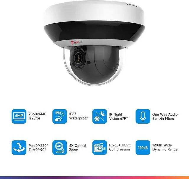 Alt view image 4 of 7 - Anpviz 4MP PoE PTZ IP Camera with 4X Optical Zoom, 2560x1440@30fps, H.265+ Dome Security Camera, Perimeter Protection, Built-in Audio, Alarm, 330° Pan 90° Tilt, Card Slot, Guarding Vision(H Series)