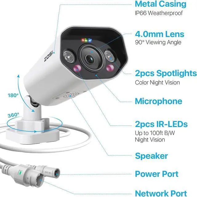 Alt view image 7 of 7 - ZOSI 5MP PoE Add-on Camera, Face Person Vehicle Detection, 2 Way Audio, Starlight Night Vision, Sound&Light Siren, 3K Weatherproof Outdoor Indoor Home Bullet IP Cam, Only Compatible with ZOSI POE NVR