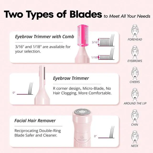 Alt view image 3 of 7 - VG VOGCREST Women's Eyebrow Trimmer & Facial Hair Remover, 2 in 1, Double Rotating Blades, Safe, Painless, Hypoallergenic, Rechargeable, USB Charging