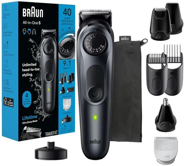 Alt view image 7 of 7 - Braun All-in-One Men's Shaving Kit Series 5 5490, 9-in-1 Beard, Face, Nose, Ear Trimmer, Hair Clippers, Body Groomer and Manscaping