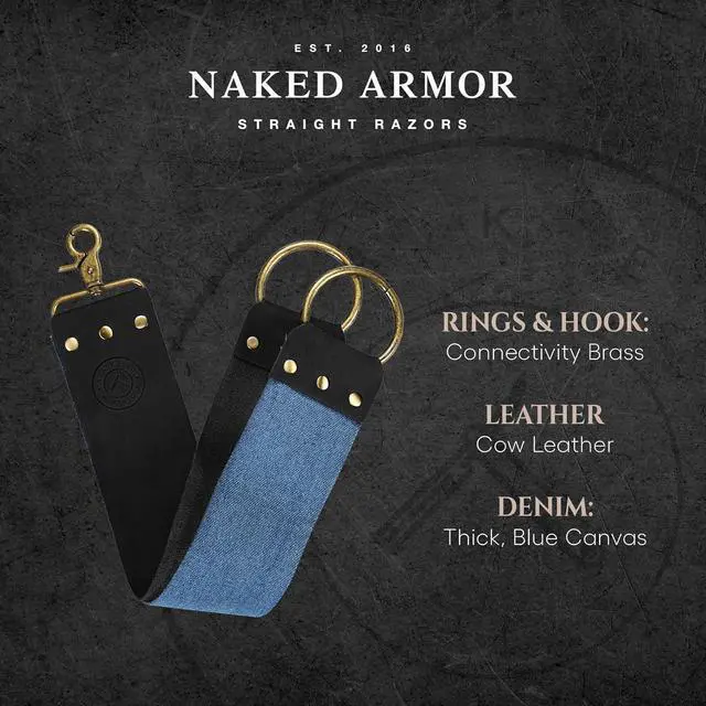 Alt view image 4 of 7 - Naked Armor Straight Razor Leather Strop - 2.5" x 15" Cow Leather Razor Blade Sharpener with Brass Hooks, Black