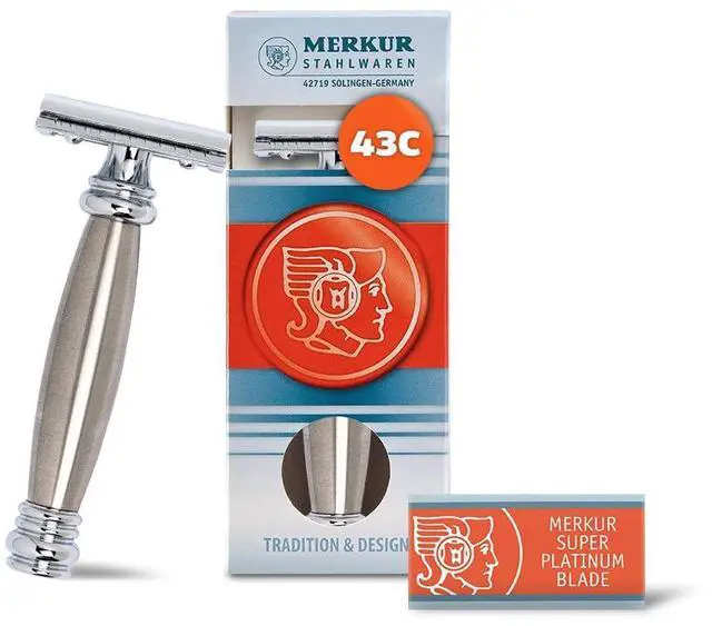 Main image of MERKUR 43C Double Edge Safety Razor, Heavy Stainless Steel Handle, Two-Piece Design, Closed Comb Straight Bar, Bright Chrome Finish, Made in Germany