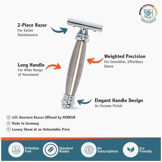 Alt view image 2 of 7 - MERKUR 43C Double Edge Safety Razor, Heavy Stainless Steel Handle, Two-Piece Design, Closed Comb Straight Bar, Bright Chrome Finish, Made in Germany