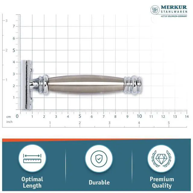 Alt view image 4 of 7 - MERKUR 43C Double Edge Safety Razor, Heavy Stainless Steel Handle, Two-Piece Design, Closed Comb Straight Bar, Bright Chrome Finish, Made in Germany
