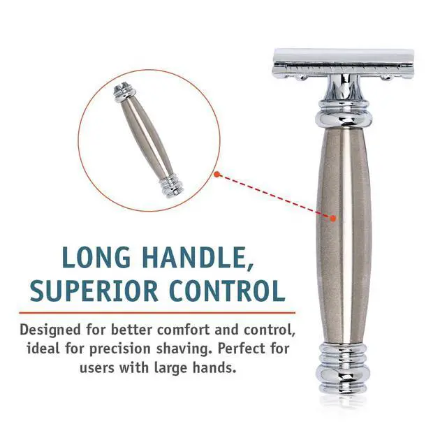 Alt view image 6 of 7 - MERKUR 43C Double Edge Safety Razor, Heavy Stainless Steel Handle, Two-Piece Design, Closed Comb Straight Bar, Bright Chrome Finish, Made in Germany