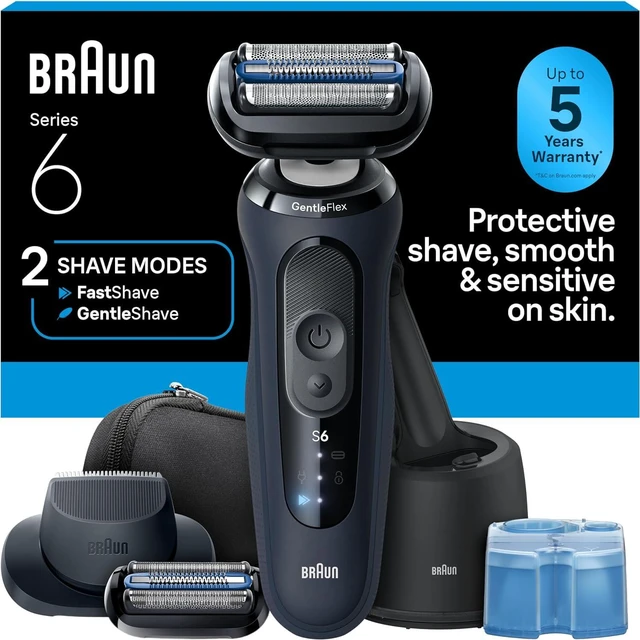 Main image of Braun Series 6 Electric Shaver for Men, Wet & Dry Foil Razor, 4-in-1 SmartCare Clean & Charge Center, Precision Trimmer Attachment, Replacement Shaver Head, Travel Case, Dark Blue 6177ps