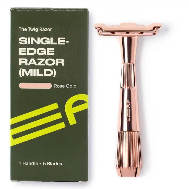 Main image of Leaf Twig Razor by Leaf Shave, All-Metal Single Blade Razor for Men & Women, Fixed Head w/Magnetic Load Assist, Includes 5 Stainless Steel Blades - Face Shaving Lighter Hair Sensitive Skin -Rose Gold