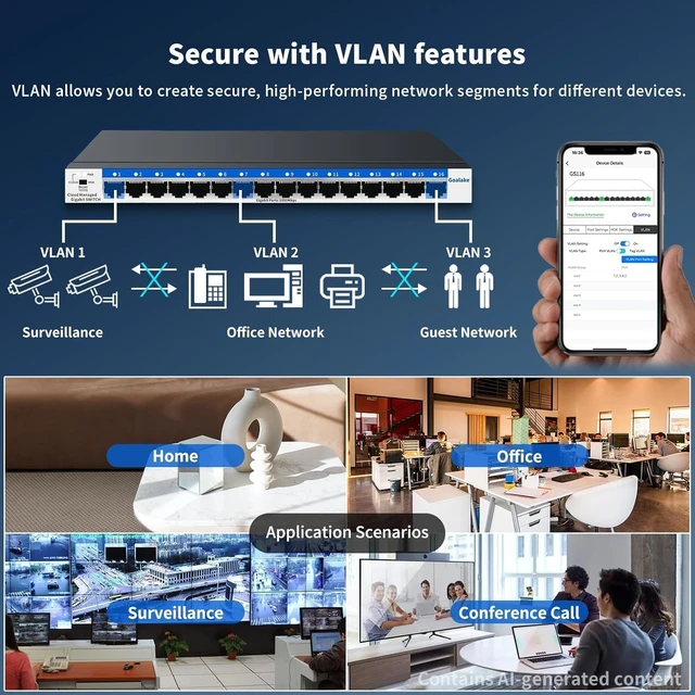 Alt view image 2 of 7 - Goalake 16-Port Gigabit Easy Managed Switch for Small Business & Home Office VLAN & QoS, Plug & Play, Fanless Metal, Desktop/Wall Mount