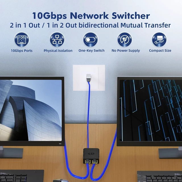 Alt view image 2 of 7 - Binardat 10 Gigabit Network Switcher, 10G/5G/2.5G/1000M/100Mbps, Passive Ethernet Selector, in/Out to A or B Network, Bidirectional Manual Switcher, No Power Required