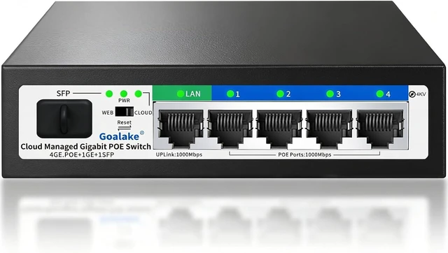 Main image of Goalake 6-Port Gigabit PoE+ Switch, 4 PoE Ports 52W, 1 Uplink + 1 SFP Slot, Easy Smart Managed via Web/App, Fanless Metal, Plug & Play, VLAN, QOS, Overload Protection, for Home Office