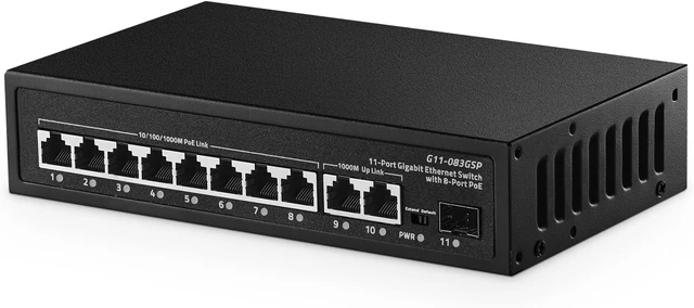 Main image of 11 Port Gigabit POE Switch, 8 POE+ 1000Mbps, 2 Gigabit Uplink, 1 Gigabit SFP, IEEE802.3af/at, 135W Power Supply, Metal Case Unmanaged Plug and Play Binardat Ethernet Switch