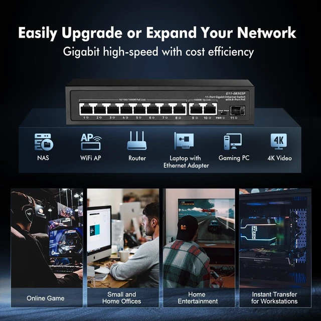 Alt view image 7 of 7 - 11 Port Gigabit POE Switch, 8 POE+ 1000Mbps, 2 Gigabit Uplink, 1 Gigabit SFP, IEEE802.3af/at, 135W Power Supply, Metal Case Unmanaged Plug and Play Binardat Ethernet Switch