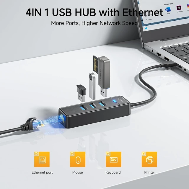 Alt view image 2 of 6 - iDsonix USB to Ethernet Adapter, USB 3.0 Hub with RJ45 10/100/1000 Mbps Ethernet & 3 USB 3.0 Ports, USB Splitter Multiport Network Adapter, USB A Port Hub for Laptop/PC/Windows/MacBook/Desktop
