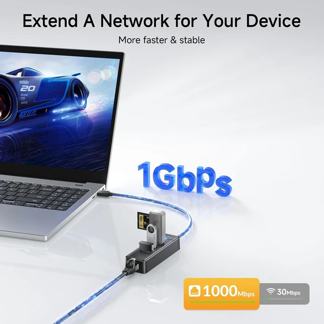 Alt view image 4 of 6 - iDsonix USB to Ethernet Adapter, USB 3.0 Hub with RJ45 10/100/1000 Mbps Ethernet & 3 USB 3.0 Ports, USB Splitter Multiport Network Adapter, USB A Port Hub for Laptop/PC/Windows/MacBook/Desktop
