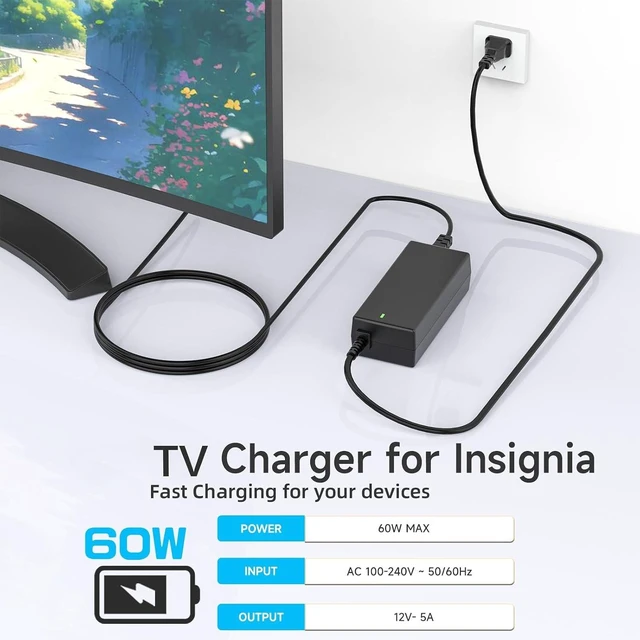 Alt view image 5 of 7 - 12V 5A Power Adapter Compatible with Insignia TV 19 20 24 28 32 LED HDTV NS-32D220NA16, NS-32D420NA16, NS-32D312NA15, NS-24ED310NA15, NS-24D510NA17, NS-24E200NA14, NS-19E310A13, AY060A-ZF122