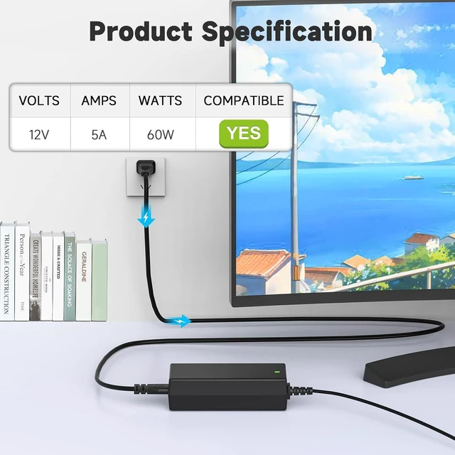 Alt view image 2 of 7 - 12V 5A Power Adapter Compatible with Insignia TV 19 20 24 28 32 LED HDTV NS-32D220NA16, NS-32D420NA16, NS-32D312NA15, NS-24ED310NA15, NS-24D510NA17, NS-24E200NA14, NS-19E310A13, AY060A-ZF122