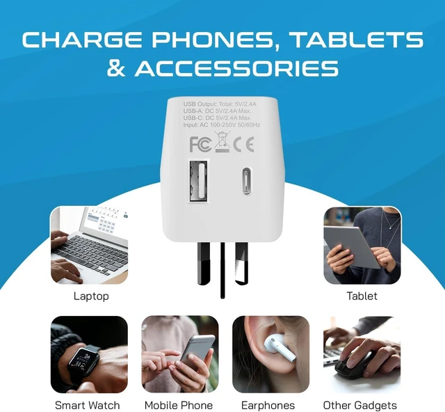 Alt view image 6 of 7 - Ceptics Australia Plug Adapter - USA Input + USB-A & USB-C, Type I Adapter