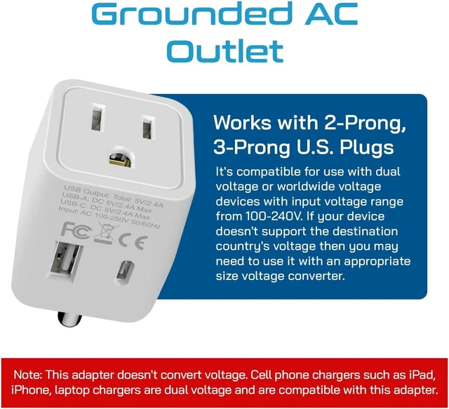 Alt view image 3 of 7 - Ceptics India, Nepal, Bangladesh Travel Adapter Plug with USB-A + USB-C - Type D - Usa Input - Ultra Compact - Safe Grounded Perfect for Cell Phones, Laptops, Camera (CTU-10)
