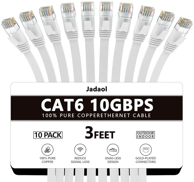 Main image of Jadaol Cat6/Cat6A Ethernet Cable 3FT 10Pack Flat 10Gbps Network Cable White