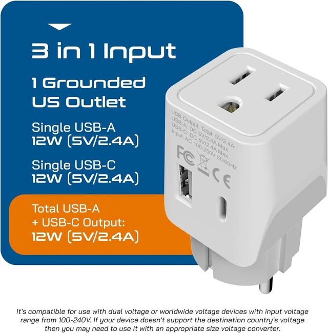 Alt view image 2 of 7 - Ceptics Schuko, Germany, France, Spain Travel Adapter Plug with USB-A+USB-C- Usa Input Type E/F - Ultra Compact Perfect for Cell Phones, Laptop, Camera Chargers, iWatch, iPad, iPhone and More (CTU-9)