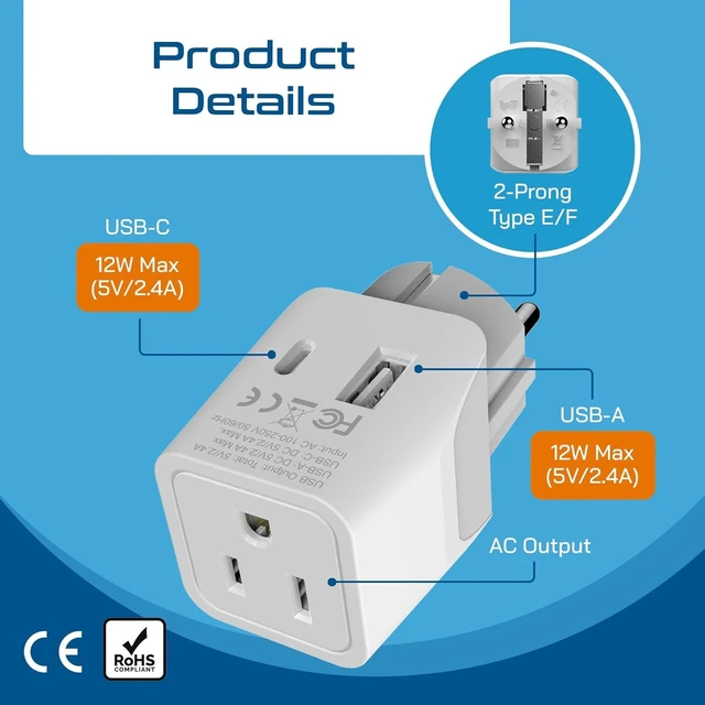 Alt view image 5 of 7 - Ceptics Schuko, Germany, France, Spain Travel Adapter Plug with USB-A+USB-C- Usa Input Type E/F - Ultra Compact Perfect for Cell Phones, Laptop, Camera Chargers, iWatch, iPad, iPhone and More (CTU-9)