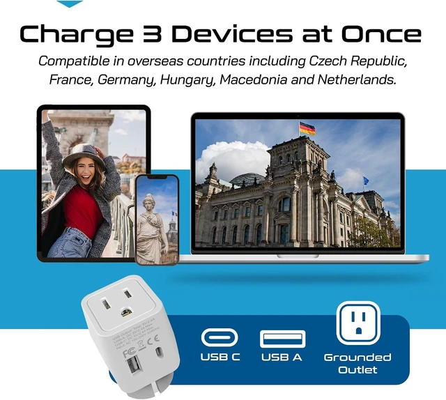 Alt view image 6 of 7 - Ceptics Schuko, Germany, France, Spain Travel Adapter Plug with USB-A+USB-C- Usa Input Type E/F - Ultra Compact Perfect for Cell Phones, Laptop, Camera Chargers, iWatch, iPad, iPhone and More (CTU-9)