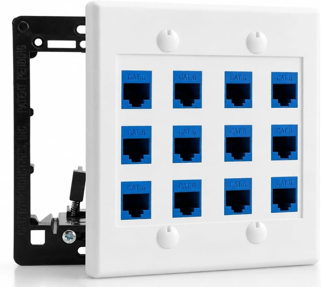 Main image of DIYTECH 12 Port Ethernet Wall Plate, Cat 6, Wall Outlet, RJ45 Female to Female Keystone Jacks - White