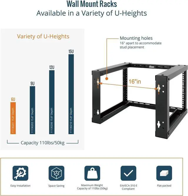 Alt view image 5 of 6 - 6U Wall Mount Rack, Wall Mount Network Rack 15.8in Depth, Open Frame Server Rack for 19in IT/AV/Data/Home Equipment, Black