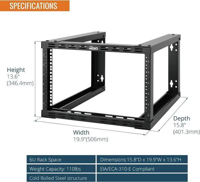 Alt view image 2 of 6 - 6U Wall Mount Rack, Wall Mount Network Rack 15.8in Depth, Open Frame Server Rack for 19in IT/AV/Data/Home Equipment, Black