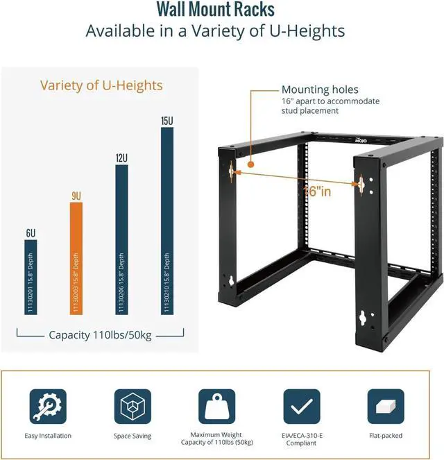 Alt view image 5 of 6 - 9U Wall Mount Rack, Wall Mount Network Rack 15.8in Depth, Open Frame Server Rack for 19in IT/AV/Data/Home Equipment, Black