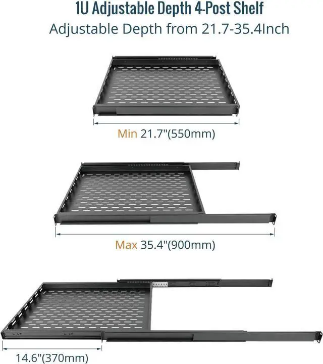 Alt view image 3 of 6 - 1U Sliding Rack Shelf,4-Post Vented Rack Mount Shelf,21.7in Deep with Adjustable Mounting Depth 21.7-35.4in,Supports to 110lbs,for 19 Inch AV/Network Equipment Rack,Unassembled,Black