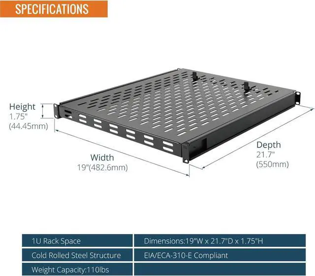 Alt view image 2 of 6 - 1U Sliding Rack Shelf,4-Post Vented Rack Mount Shelf,21.7in Deep with Adjustable Mounting Depth 21.7-35.4in,Supports to 110lbs,for 19 Inch AV/Network Equipment Rack,Unassembled,Black