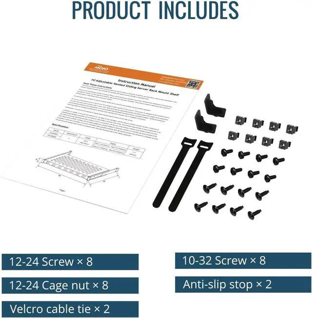 Alt view image 6 of 6 - 1U Sliding Rack Shelf,4-Post Vented Rack Mount Shelf,21.7in Deep with Adjustable Mounting Depth 21.7-35.4in,Supports to 110lbs,for 19 Inch AV/Network Equipment Rack,Unassembled,Black