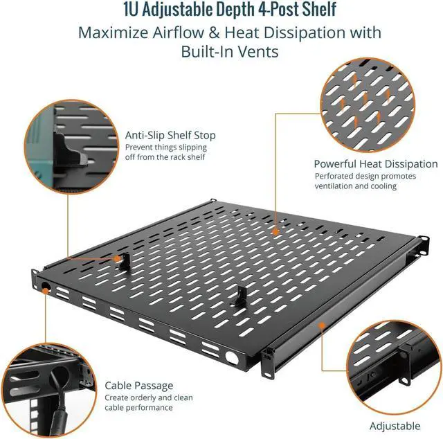 Alt view image 5 of 6 - 1U Sliding Rack Shelf,4-Post Vented Rack Mount Shelf,21.7in Deep with Adjustable Mounting Depth 21.7-35.4in,Supports to 110lbs,for 19 Inch AV/Network Equipment Rack,Unassembled,Black