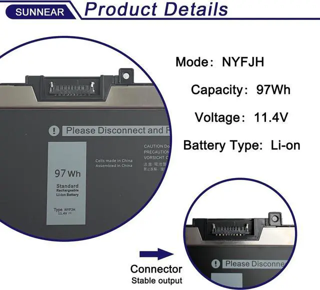 Alt view image 3 of 6 - NYFJH Laptop Battery Replacement for Dell Precision 7530 7730 7540 7740 P74F P74F001 P74F002 P34E P34E001 P34E002 Series Laptop 5TF10 0WMRC GW0K9 0GW0K9 0NYFJH 11.4V 97Wh(Shape-B)
