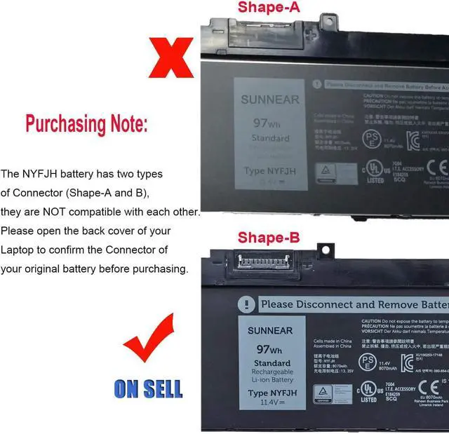 Alt view image 4 of 6 - NYFJH Laptop Battery Replacement for Dell Precision 7530 7730 7540 7740 P74F P74F001 P74F002 P34E P34E001 P34E002 Series Laptop 5TF10 0WMRC GW0K9 0GW0K9 0NYFJH 11.4V 97Wh(Shape-B)