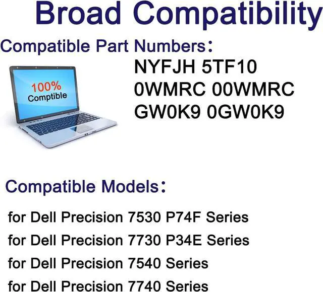 Alt view image 6 of 6 - NYFJH Laptop Battery Replacement for Dell Precision 7530 7730 7540 7740 P74F P74F001 P74F002 P34E P34E001 P34E002 Series Laptop 5TF10 0WMRC GW0K9 0GW0K9 0NYFJH 11.4V 97Wh(Shape-B)