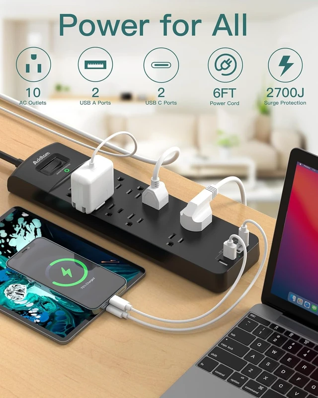 Alt view image 2 of 7 - Power Strip - Addtam Surge Protector with 10 Outlets and 4 USB Ports, 6 Feet Extension Cord with Flat Plug, 2700 Joules, ETL Listed, Black