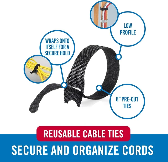 Alt view image 2 of 7 - VELCRO Brand ONE-WRAP Cable Ties, 100Pk, 8 x 1/2 Black Cord Organization Straps, Thin Pre-Cut Design, Wire Management for Organizing Home, Office and Data Centers