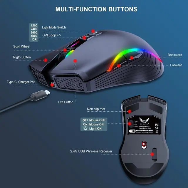 Alt view image 6 of 14 - Wireless Mouse,Ergonomic Hand Grips,4800 DPI,TYPE-C Fast charge,7 Buttons,Fast-Charging,10 millons buttons life,RGB Gamer Desk Laptop PC Gaming Mouse