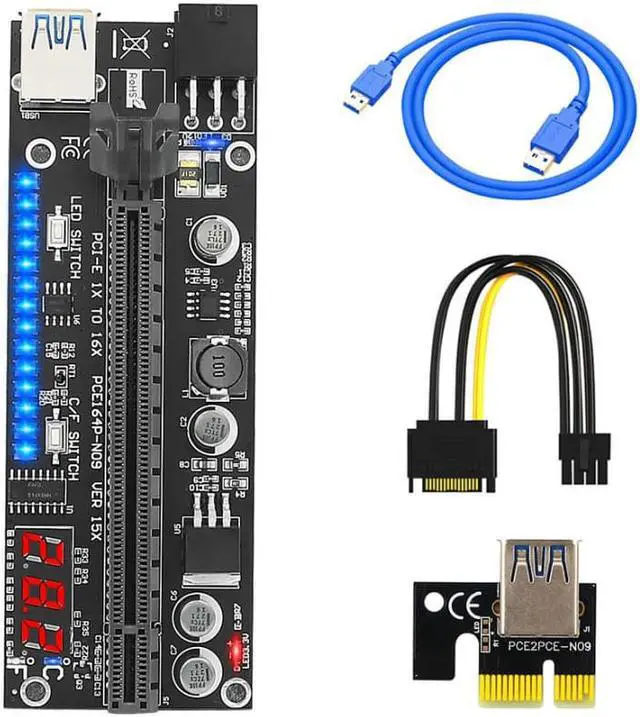 Main image of 1x to 16x PCIE Riser Graphic Extension Card with Temperature Sensor  3528 Colorful Flash LED PCI-E Riser Adapter Card for GPU