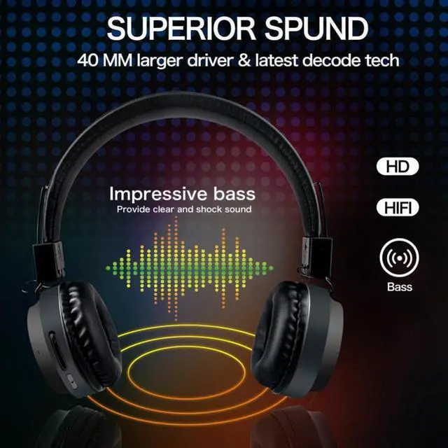 Alt view image 3 of 3 - Seven Colors LED lights change Headphones Foldable Waterproof Headsets Wireless Bluetooth 3D Stereo Noise Reduction Headphones